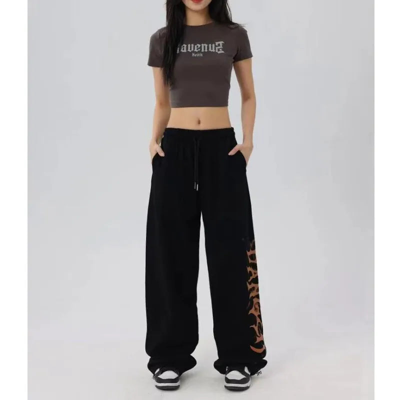 No Chill Co. Black Flame Wide-Leg Sweatpants — Y2K High Waist Streetwear