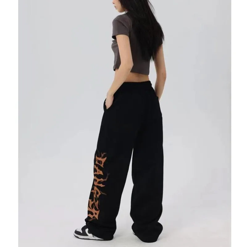 No Chill Co. Black Flame Wide-Leg Sweatpants — Y2K High Waist Streetwear