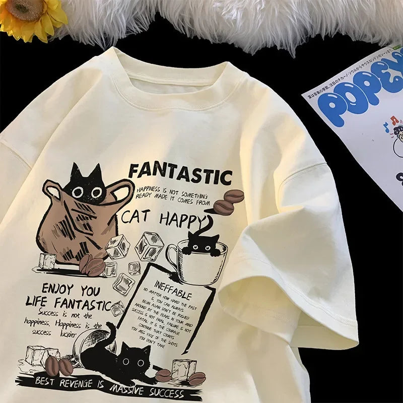 No Chill Co. Cat Happy Oversized Graphic Tee — Coffee & Cats Edition