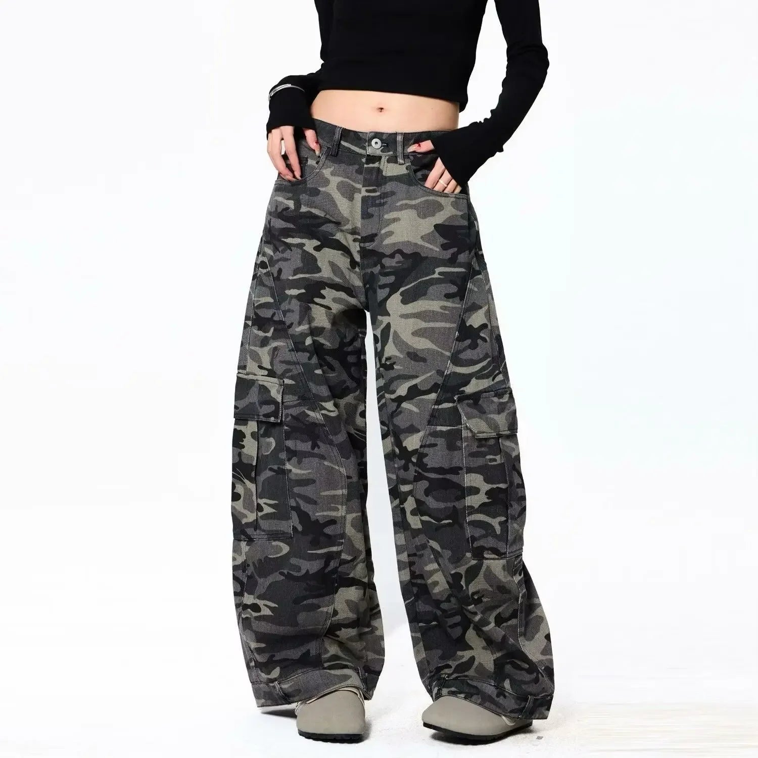 No Chill Co. Retro Camo Wide-Leg Cargo Pants — Multi-Pocket Streetwear Utility Fit