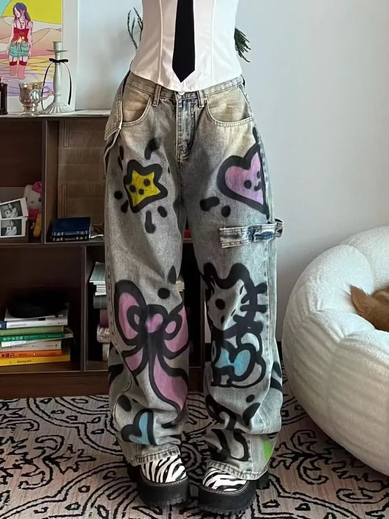 No Chill Co. — Hello Kitty Graffiti Wide-Leg Grey Jeans — Korean Streetwear Vibes
