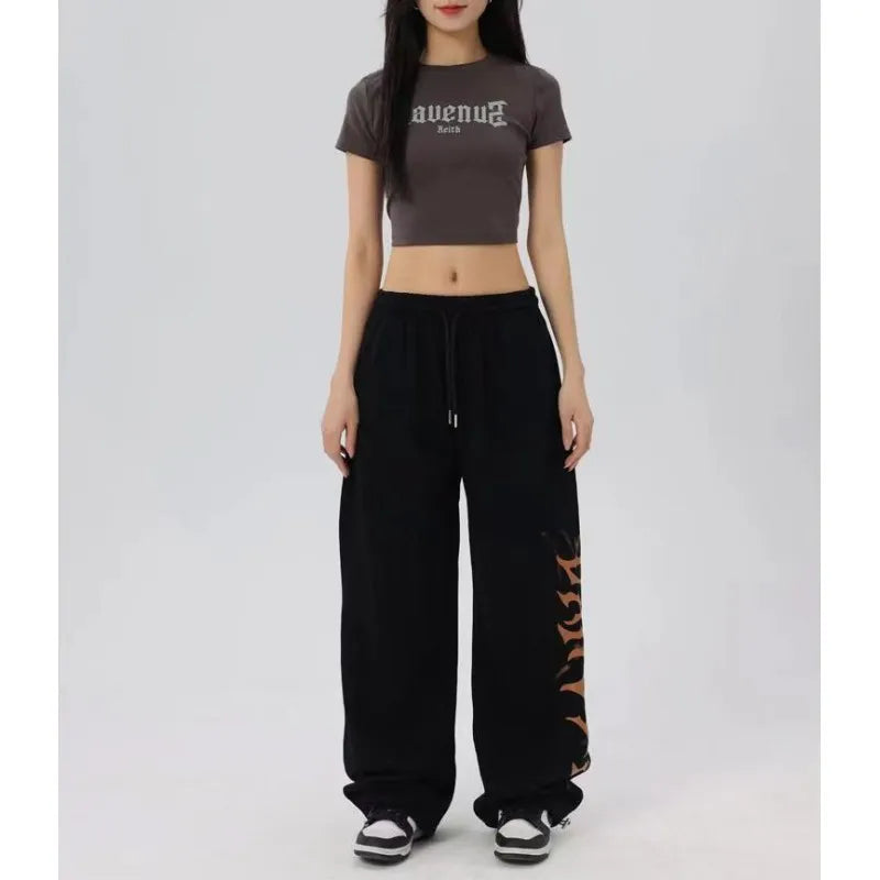 No Chill Co. Black Flame Wide-Leg Sweatpants — Y2K High Waist Streetwear