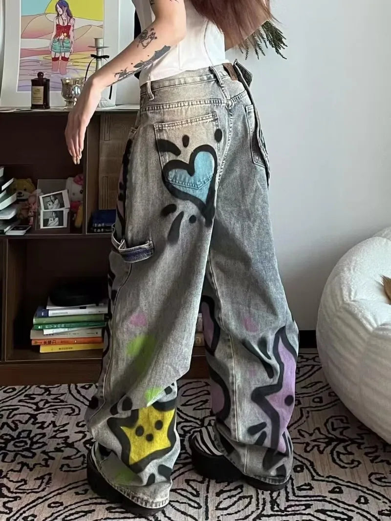No Chill Co. — Hello Kitty Graffiti Wide-Leg Grey Jeans — Korean Streetwear Vibes