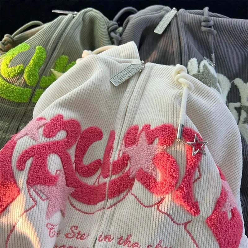No Chill Co. Retro Embroidered Star Zip Hoodie – Y2K Streetwear Drop