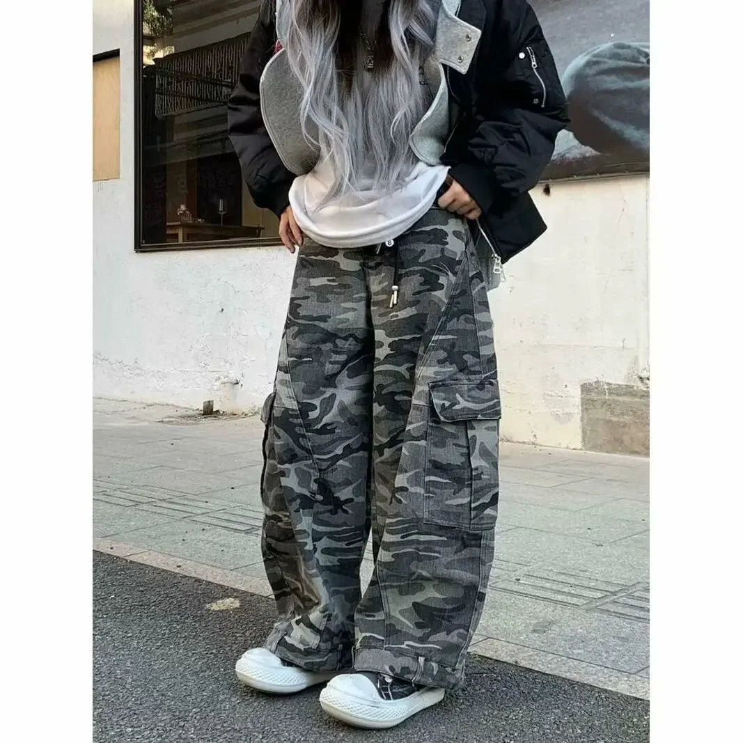 No Chill Co. Retro Camo Wide-Leg Cargo Pants — Multi-Pocket Streetwear Utility Fit
