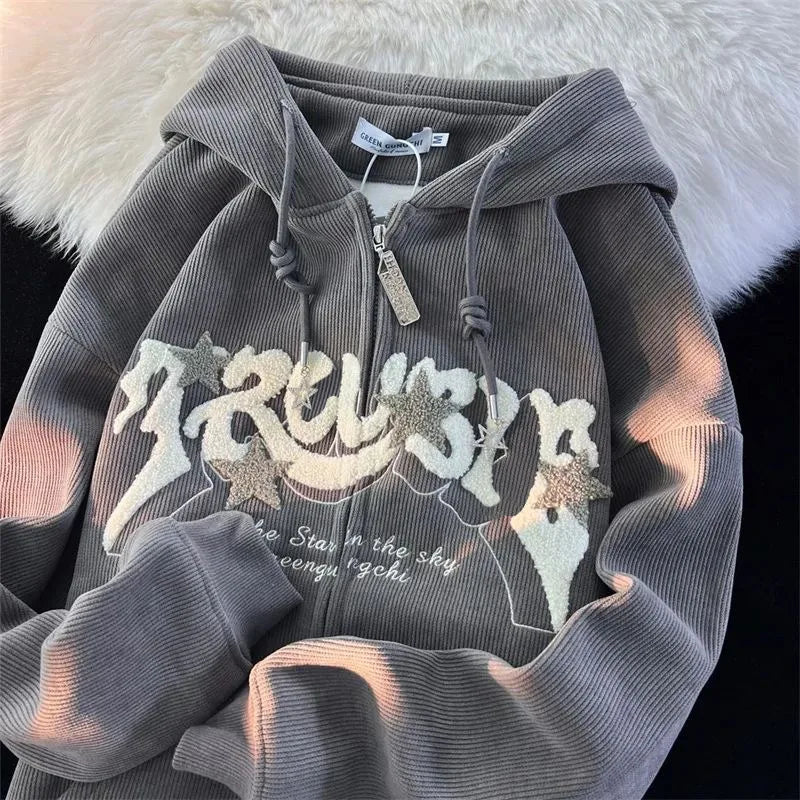 No Chill Co. Retro Embroidered Star Zip Hoodie – Y2K Streetwear Drop