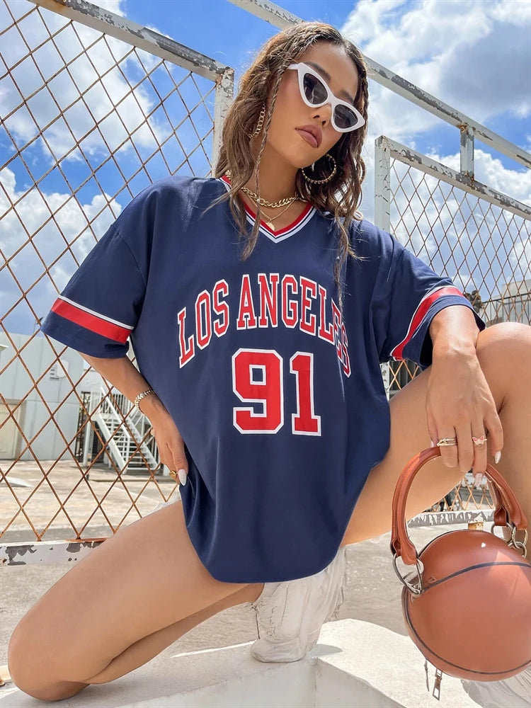 No Chill Co. LA 91 Varsity V-Neck Oversized Tee — Street Sport Edition