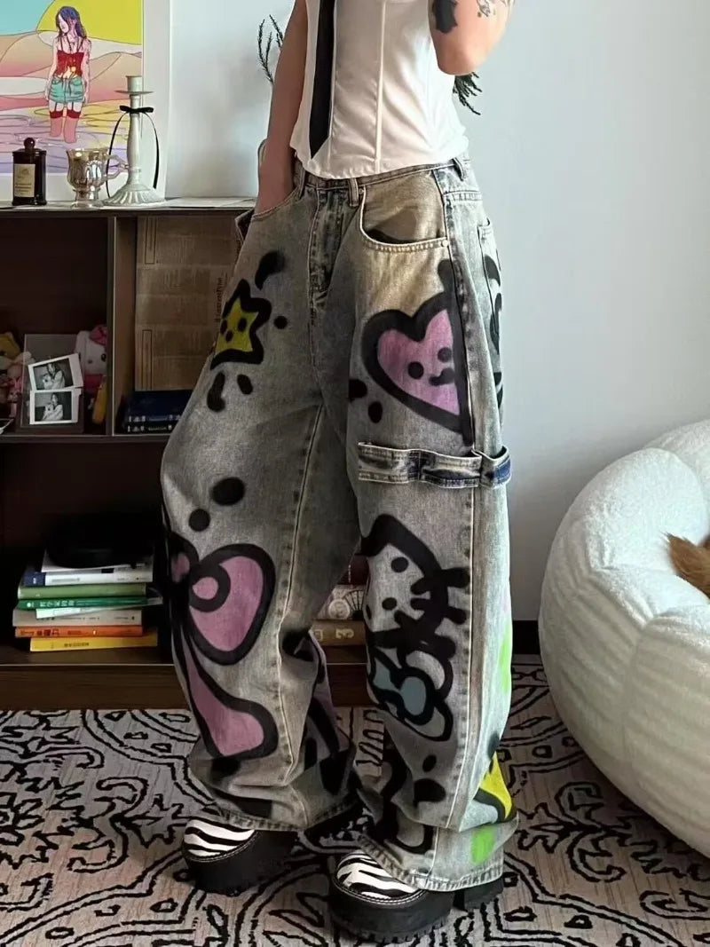 No Chill Co. — Hello Kitty Graffiti Wide-Leg Grey Jeans — Korean Streetwear Vibes