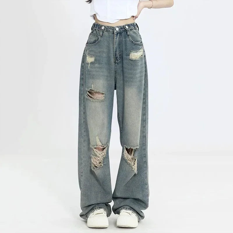 No Chill Co. Retro Ripped High-Waist Wide-Leg Jeans — Streetwear Summer Essential