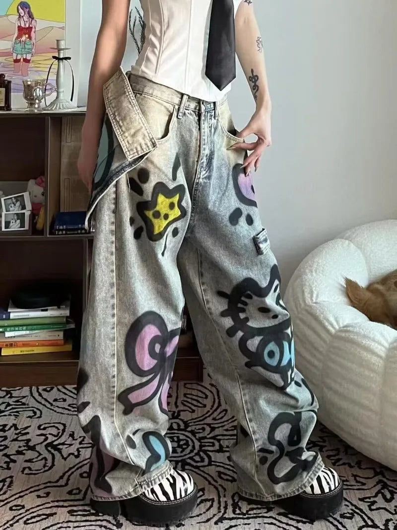 No Chill Co. — Hello Kitty Graffiti Wide-Leg Grey Jeans — Korean Streetwear Vibes