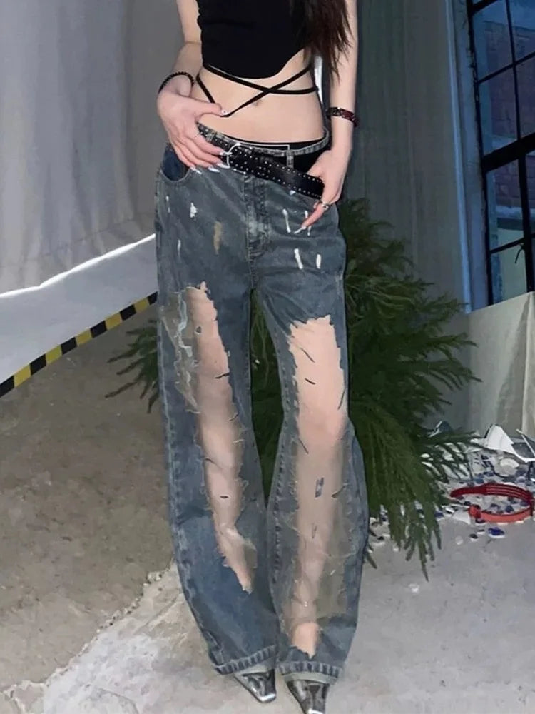 No Chill Co. — Cyber Y2K Transparent Patchwork Baggy Jeans