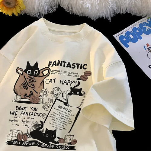 No Chill Co. Cat Happy Oversized Graphic Tee — Coffee & Cats Edition