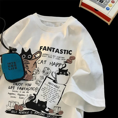 No Chill Co. Cat Happy Oversized Graphic Tee — Coffee & Cats Edition