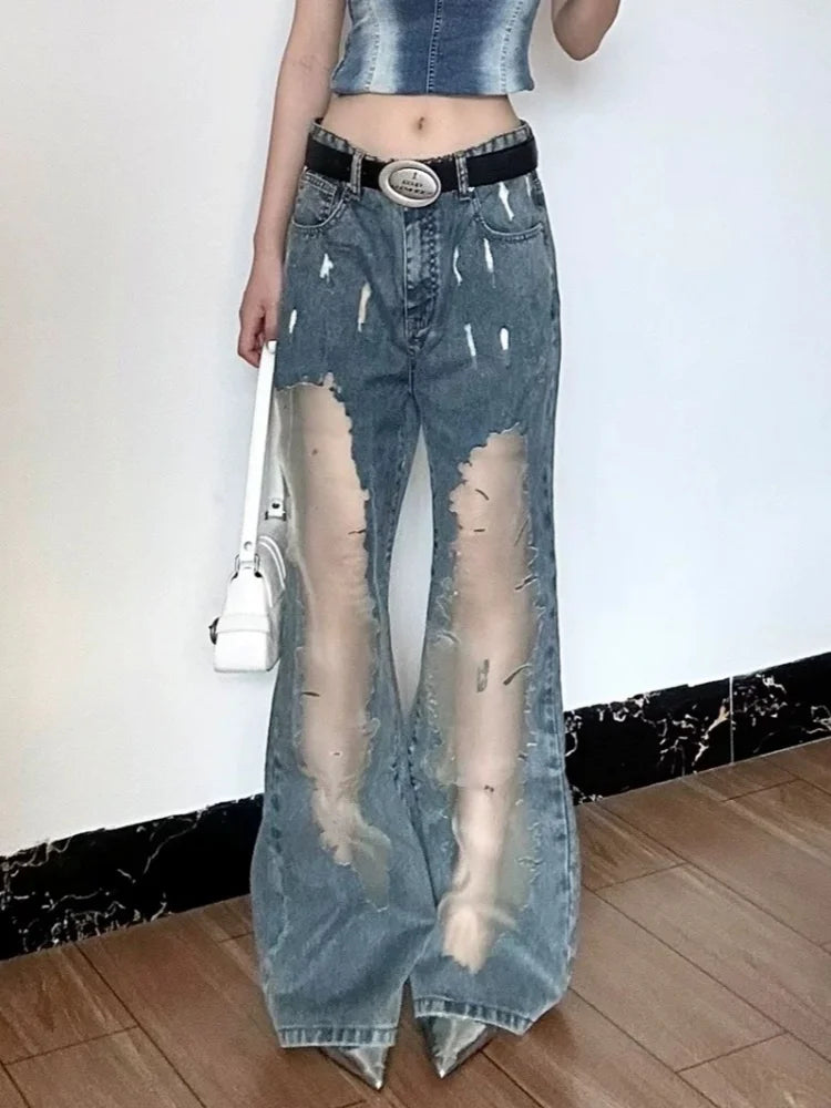 No Chill Co. — Cyber Y2K Transparent Patchwork Baggy Jeans