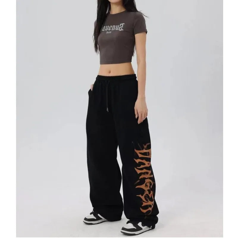 No Chill Co. Black Flame Wide-Leg Sweatpants — Y2K High Waist Streetwear