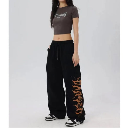 No Chill Co. Black Flame Wide-Leg Sweatpants — Y2K High Waist Streetwear