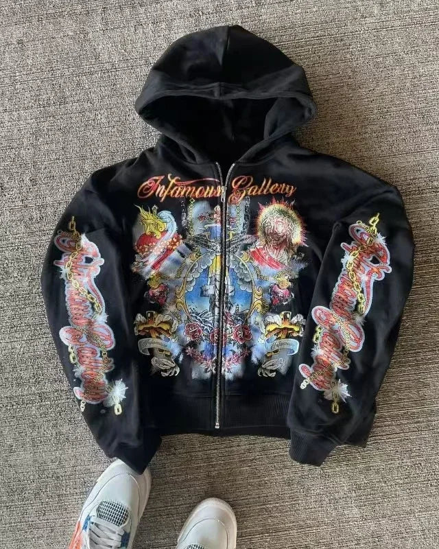 No Chill Co. Retro Angel Zip-Up Hoodie — Y2K Streetwear Harajuku Drop