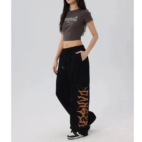 No Chill Co. Black Flame Wide-Leg Sweatpants — Y2K High Waist Streetwear