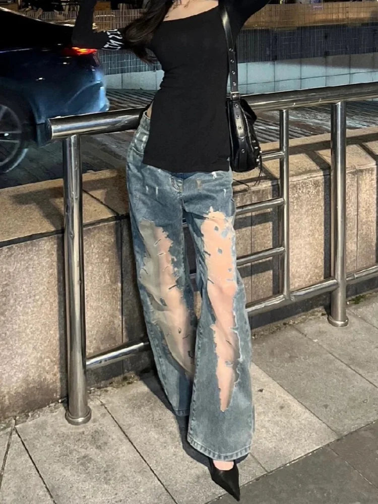 No Chill Co. — Cyber Y2K Transparent Patchwork Baggy Jeans