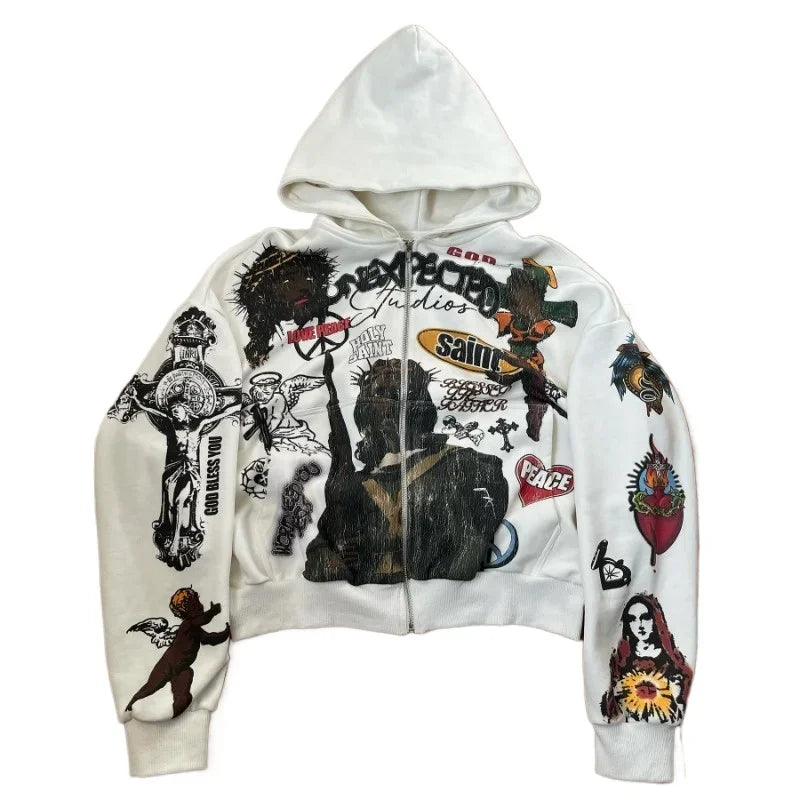 No Chill Co. Retro Angel Zip-Up Hoodie — Y2K Streetwear Harajuku Drop